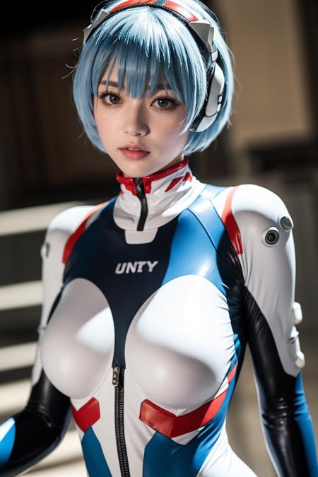 27631-3289576094-Rei Ayanami,ayanami rei,blue hair,plugsuit,short hair,red eyes,white bodysuit,lips,realistic,interface headset,bangs,pilot suit,.png